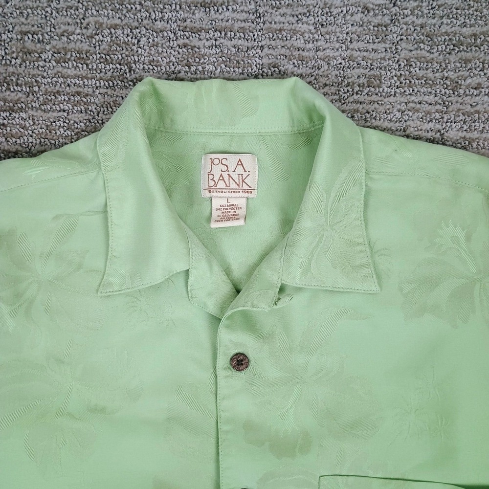 Jos A Bank Mens Large Lime Green Tropical Palm Jacquard‎ Short Sleeve Shirt L